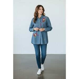 Vintage Casey & Max L Chambray Plaid Embroidered Embellish Xmas Bells Shirt